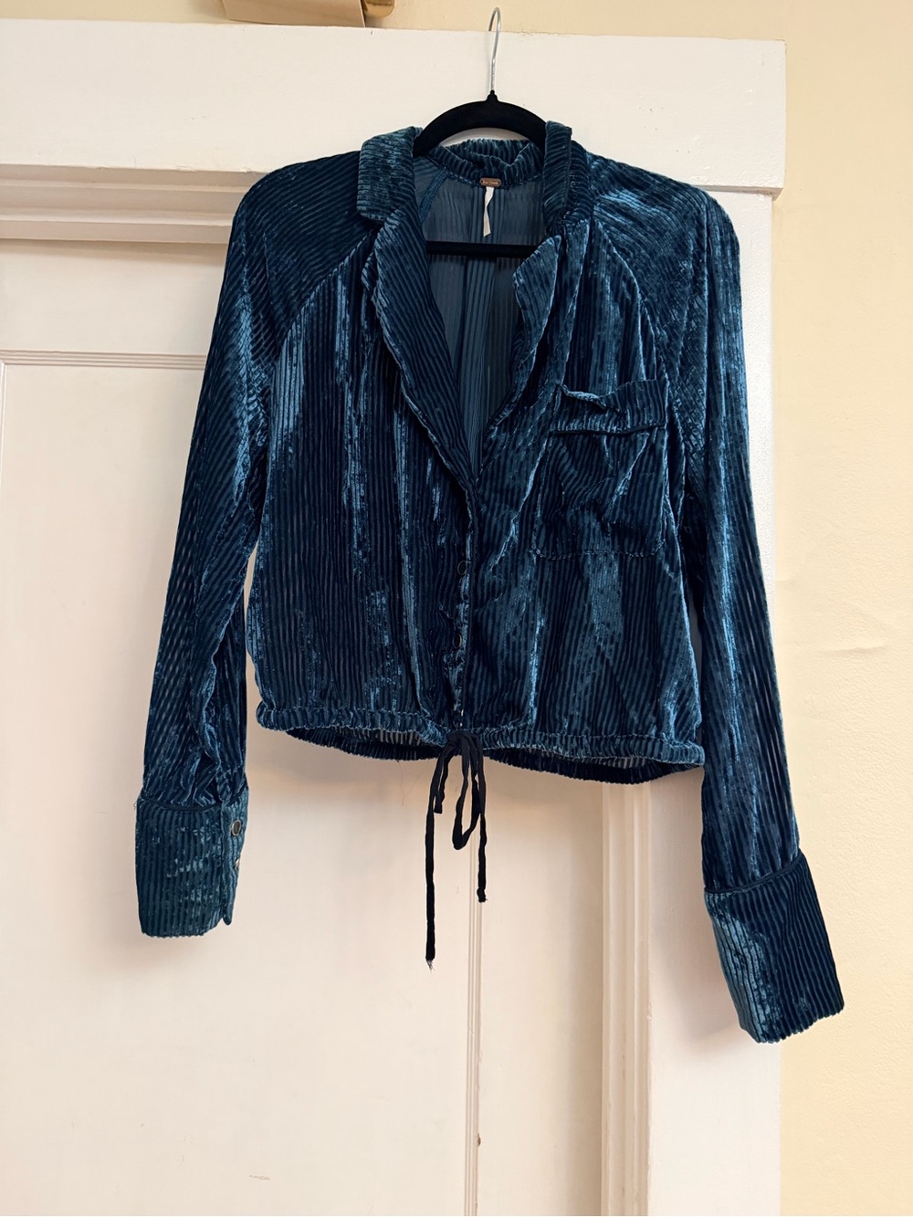 Free People Teal Velvet Ribbed Drawstring Blouse, Aspen Nights